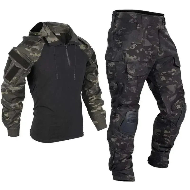 Airsoft Tactical Windproof Combat Shirt Suit & Camo Cargo Pants with Knee Pads