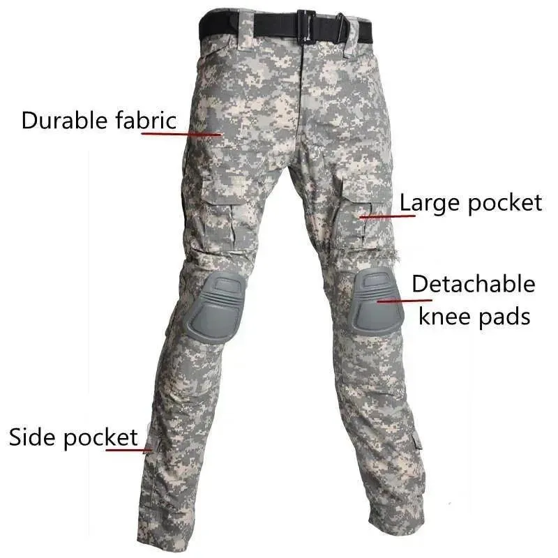 Airsoft Tactical Windproof Combat Shirt Suit & Camo Cargo Pants with Knee Pads