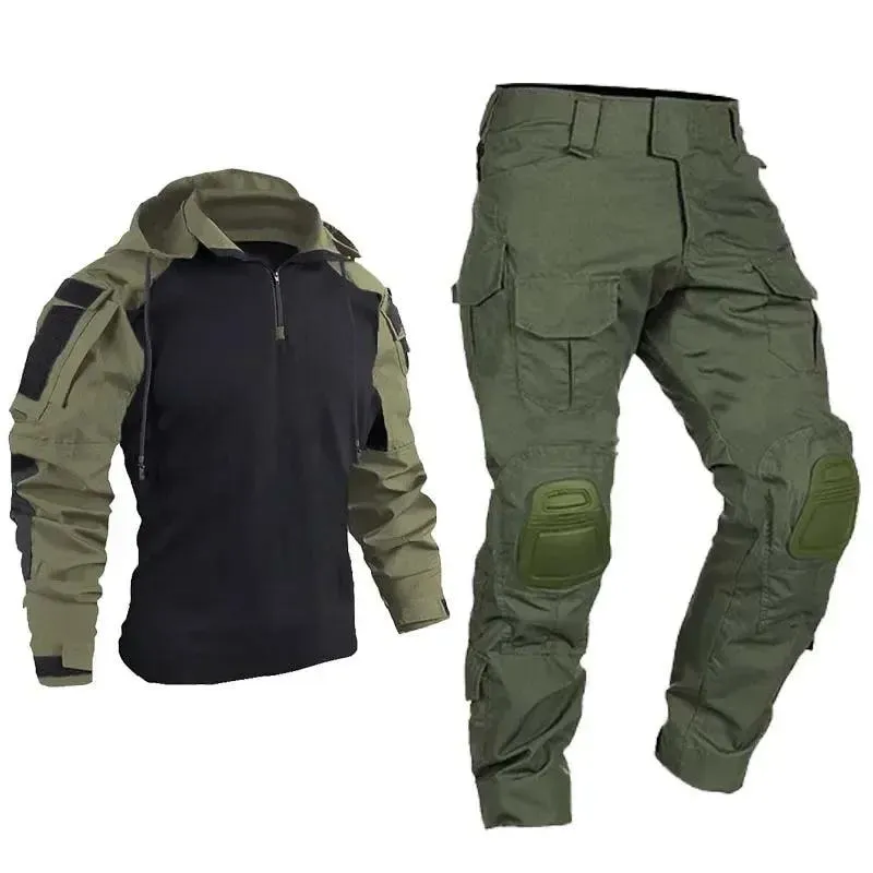 Airsoft Tactical Windproof Combat Shirt Suit & Camo Cargo Pants with Knee Pads