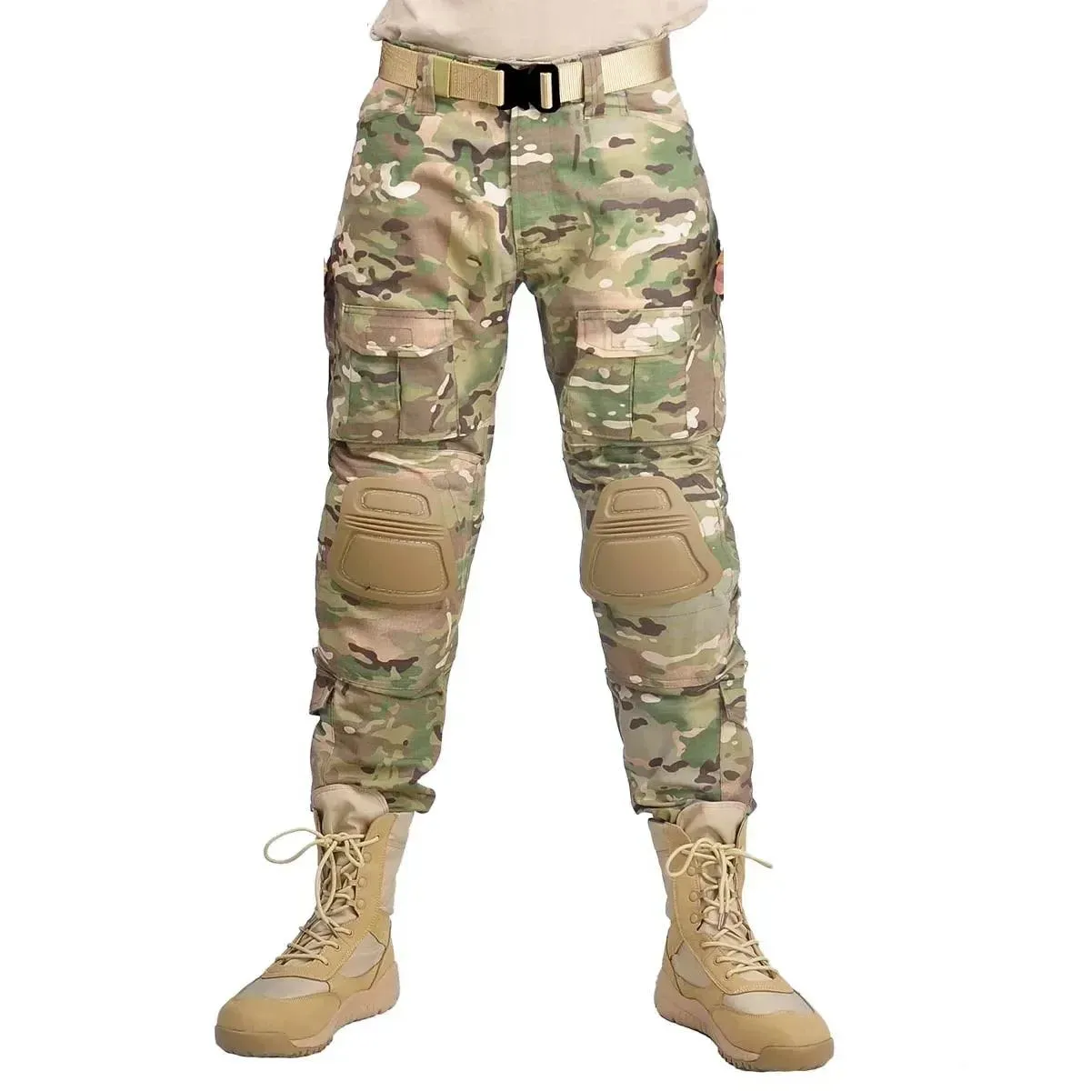Airsoft Tactical Windproof Combat Shirt Suit & Camo Cargo Pants with Knee Pads