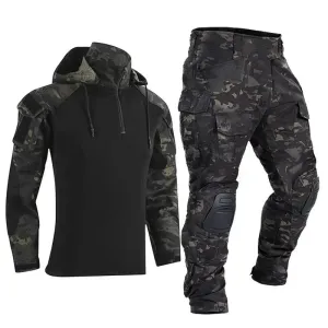 Airsoft Tactical Windproof Combat Shirt Suit & Camo Cargo Pants with Knee Pads