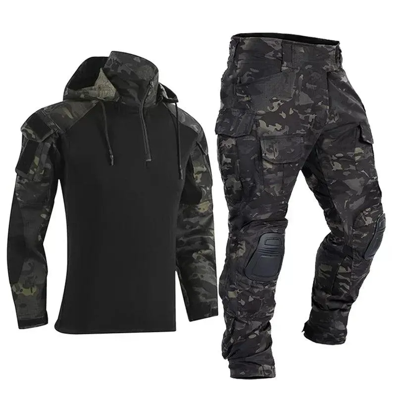 Airsoft Tactical Windproof Combat Shirt Suit & Camo Cargo Pants with Knee Pads