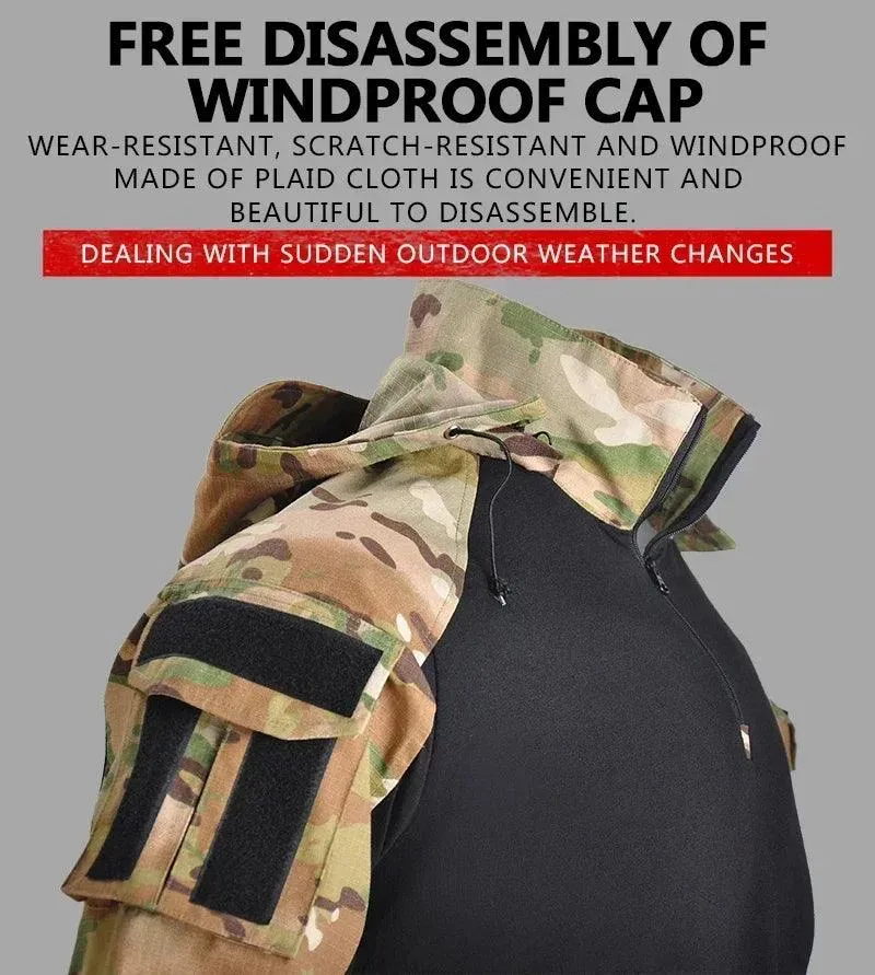 Airsoft Tactical Windproof Combat Shirt Suit & Camo Cargo Pants with Knee Pads