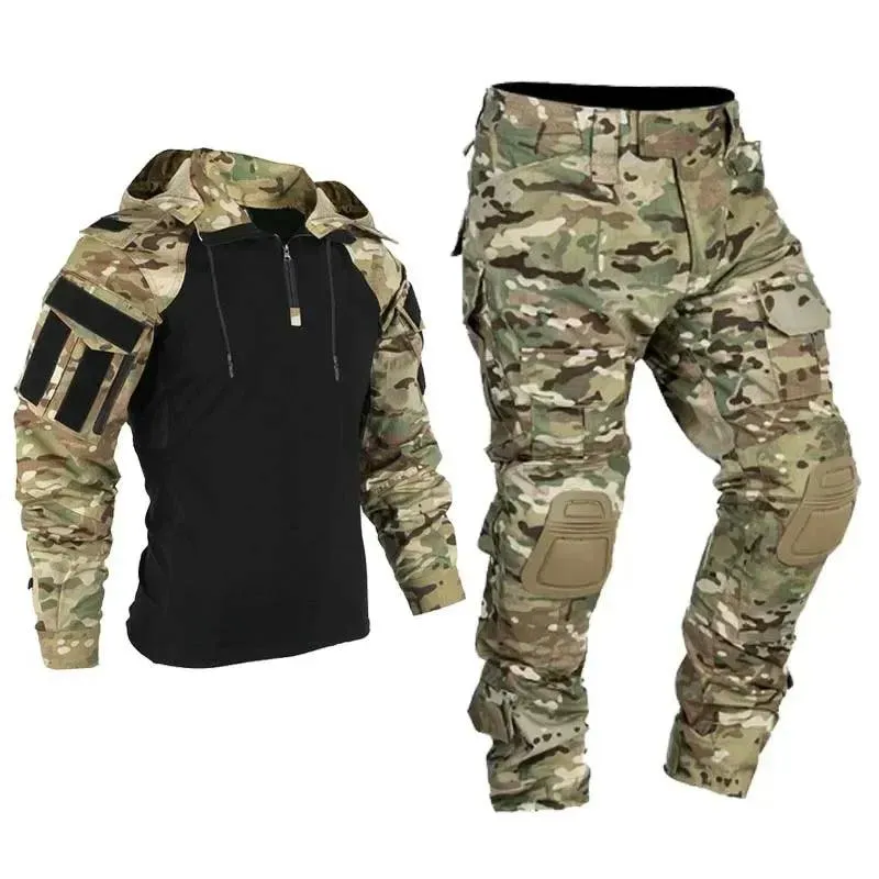 Airsoft Tactical Windproof Combat Shirt Suit & Camo Cargo Pants with Knee Pads