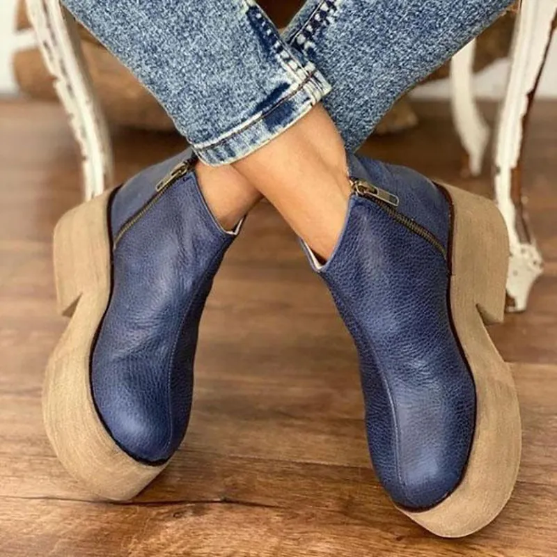 Amozae-Fashion Women Ankle Boots Faux Leather Zipper Ladies Platform Boots Stylish Closed Toe Height Increasing Female Casual Shoes