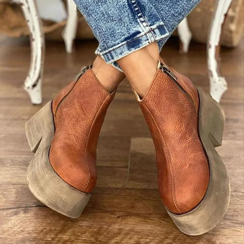 Amozae-Fashion Women Ankle Boots Faux Leather Zipper Ladies Platform Boots Stylish Closed Toe Height Increasing Female Casual Shoes