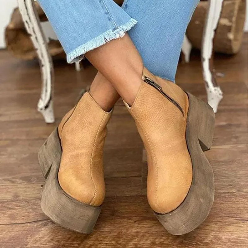 Amozae-Fashion Women Ankle Boots Faux Leather Zipper Ladies Platform Boots Stylish Closed Toe Height Increasing Female Casual Shoes