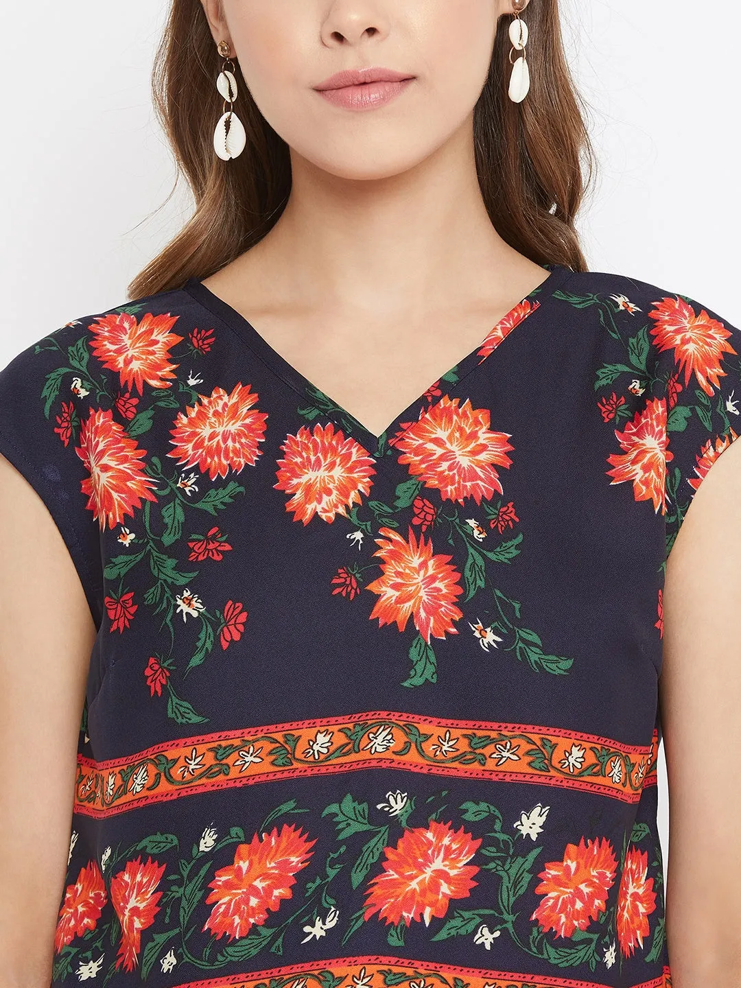 Berrylush Women Navy Blue Floral Print V-Neck Regular Top