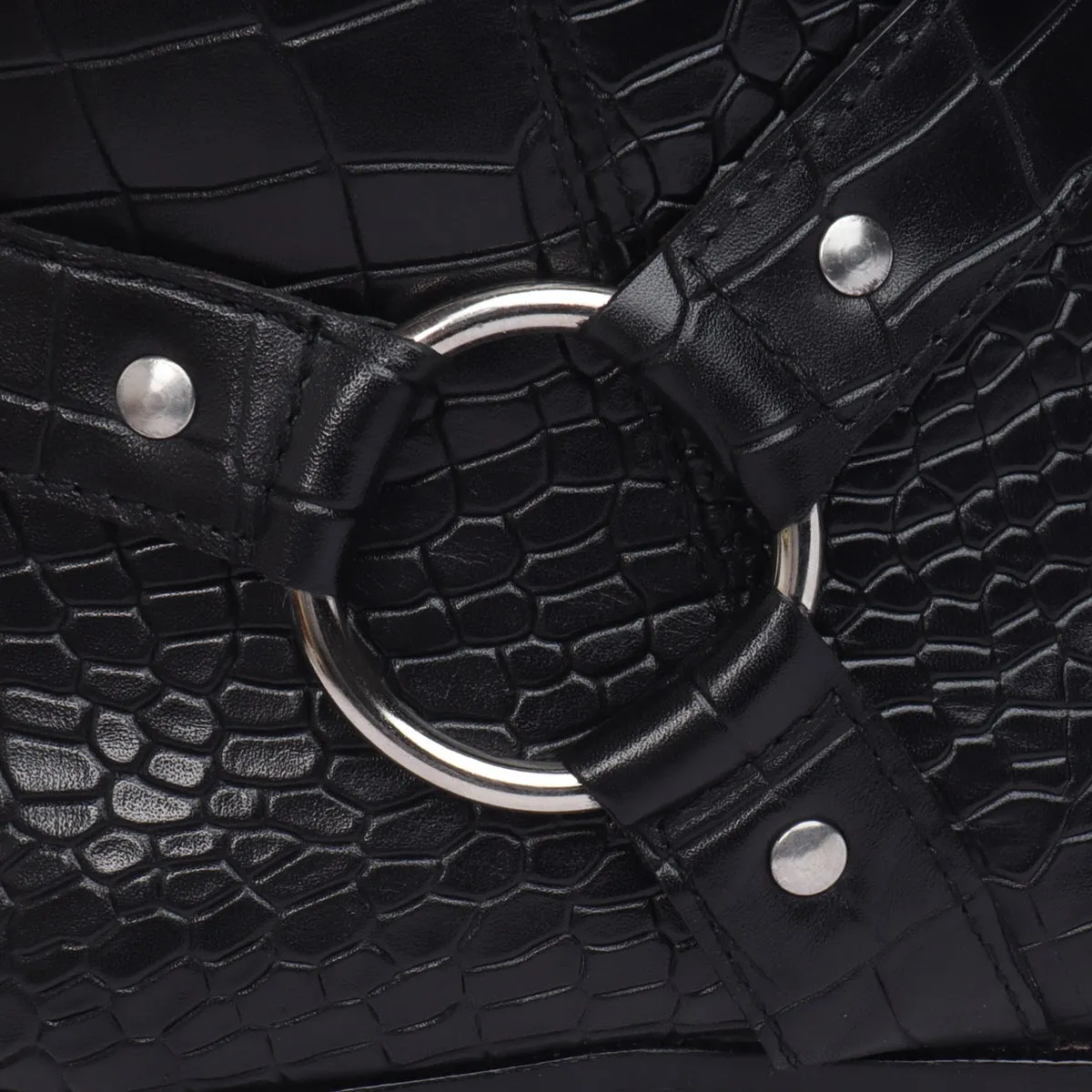 Black Cuban Heel Boots with Stylish Buckle Strap in Cut Croco Textured Leather