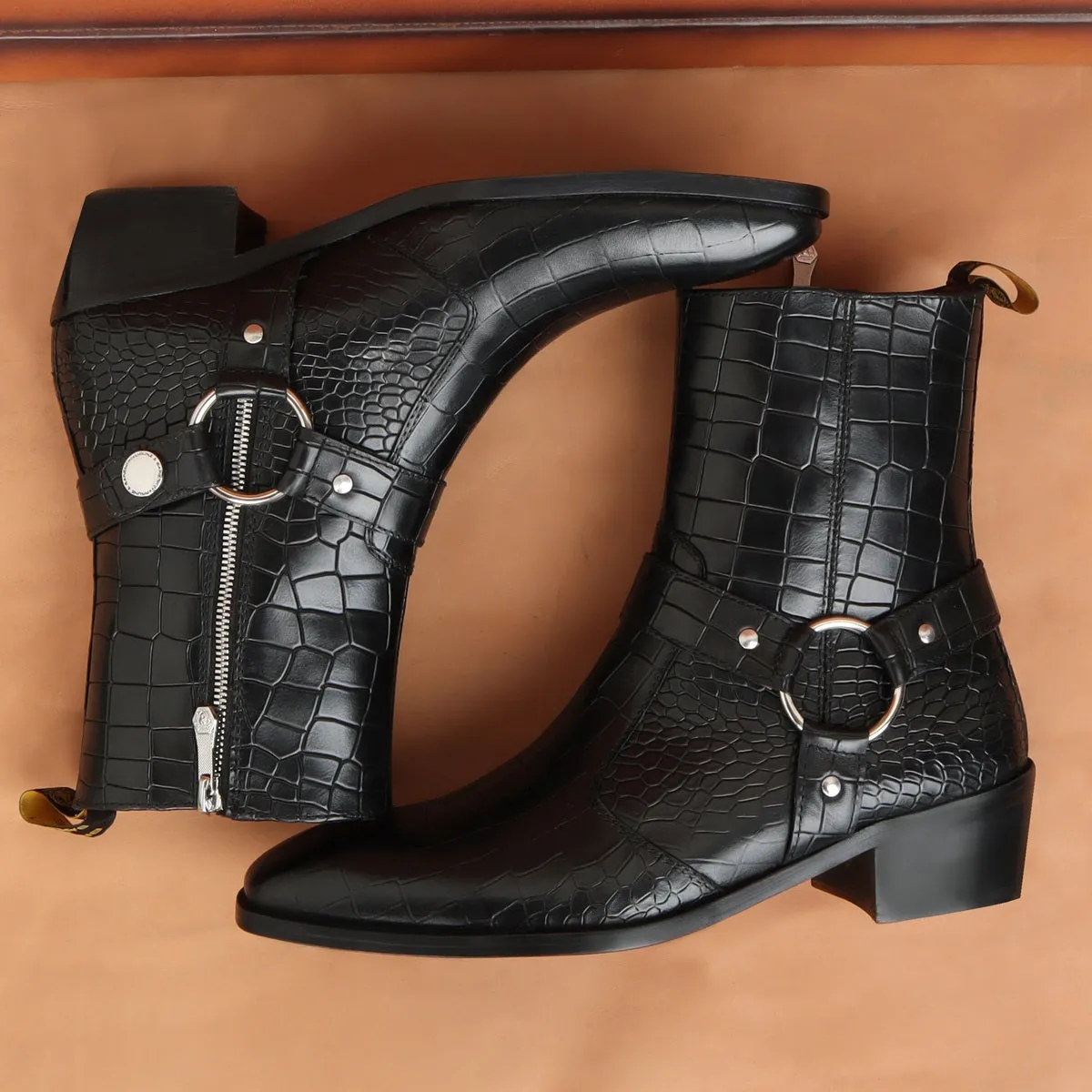 Black Cuban Heel Boots with Stylish Buckle Strap in Cut Croco Textured Leather