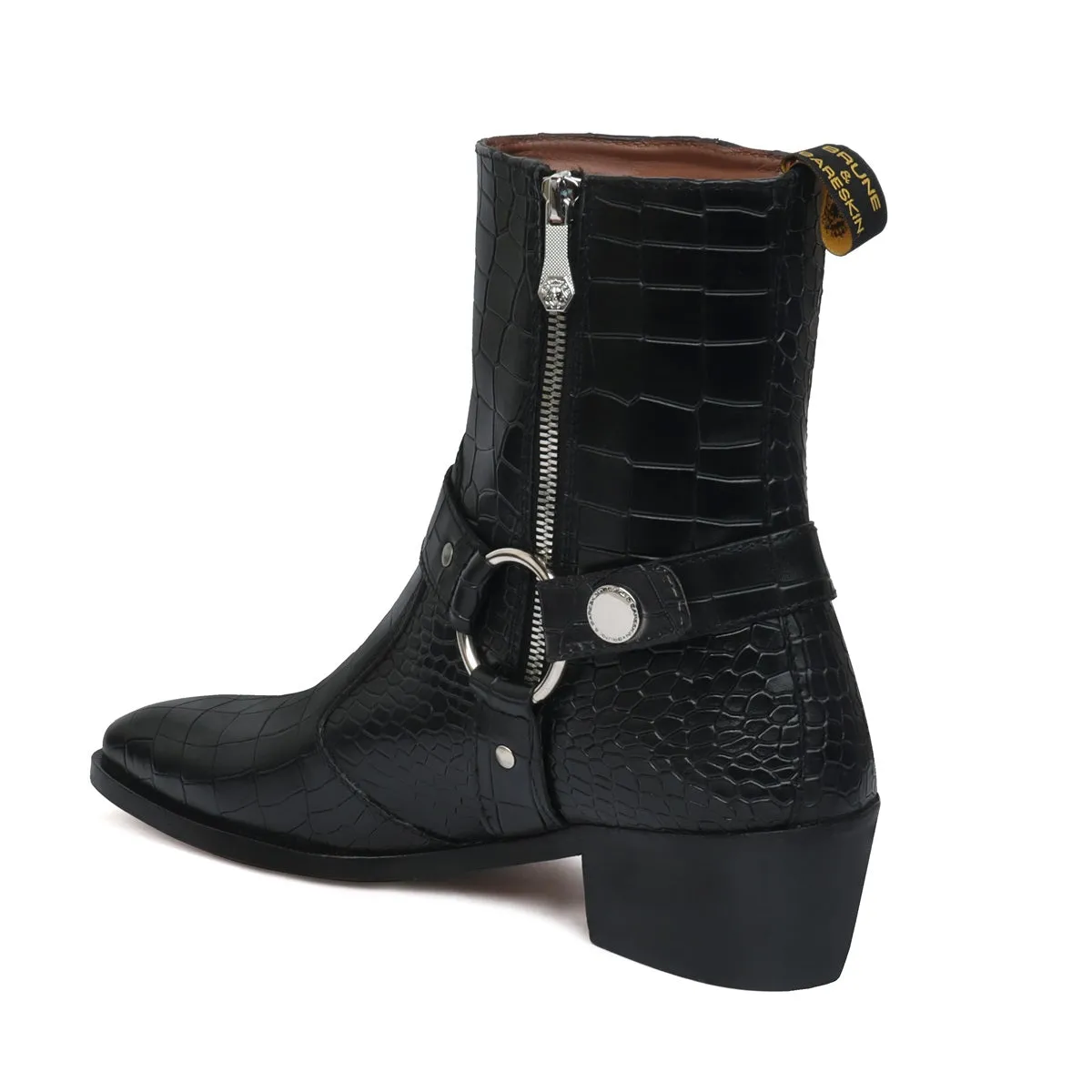 Black Cuban Heel Boots with Stylish Buckle Strap in Cut Croco Textured Leather