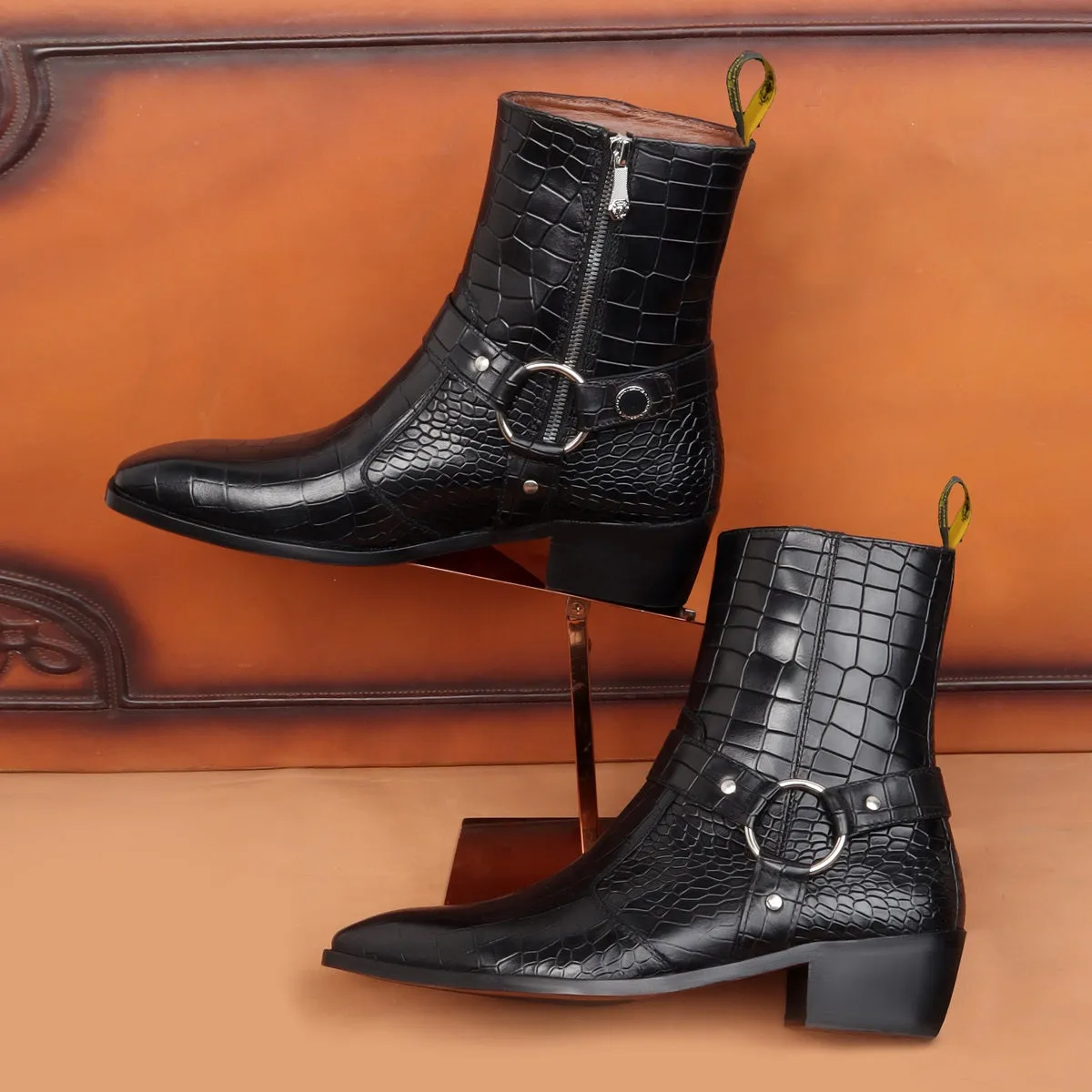 Black Cuban Heel Boots with Stylish Buckle Strap in Cut Croco Textured Leather