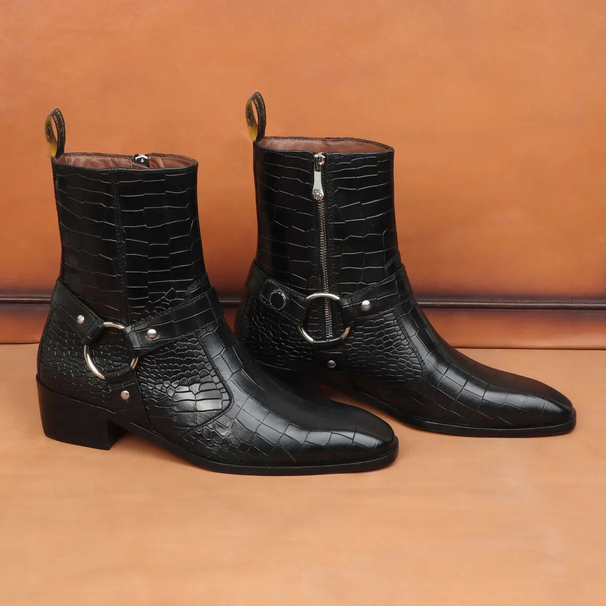 Black Cuban Heel Boots with Stylish Buckle Strap in Cut Croco Textured Leather
