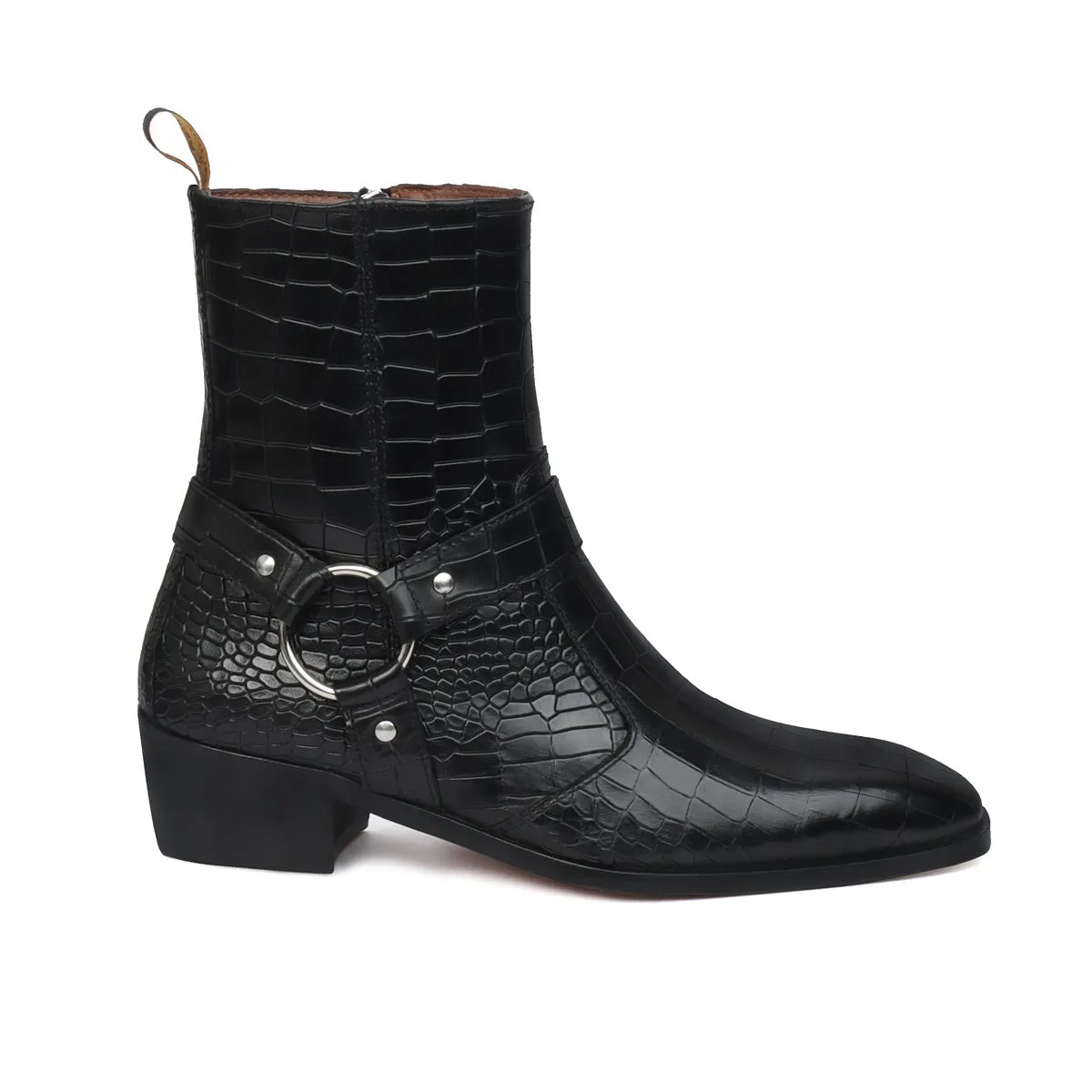 Black Cuban Heel Boots with Stylish Buckle Strap in Cut Croco Textured Leather