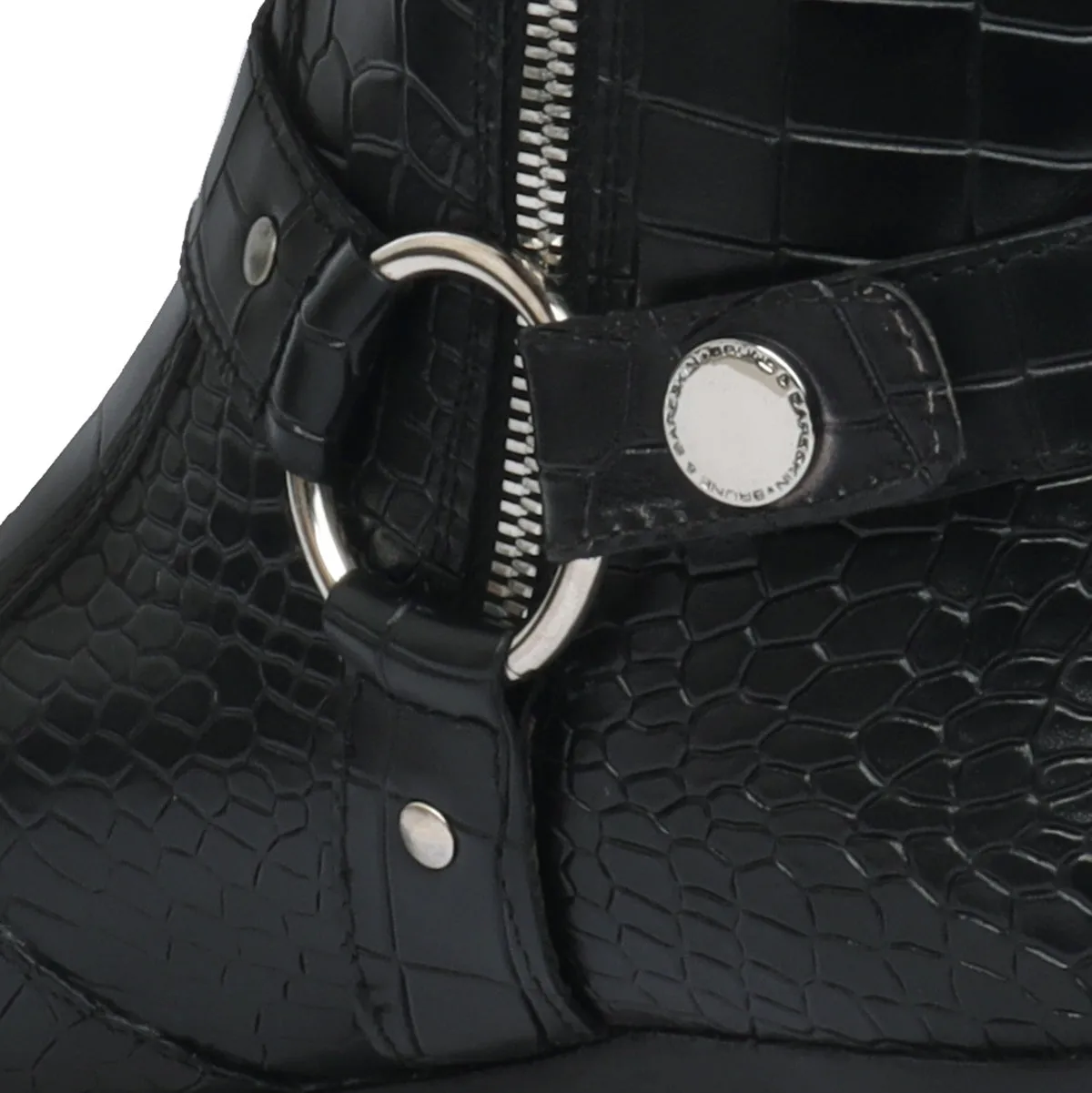 Black Cuban Heel Boots with Stylish Buckle Strap in Cut Croco Textured Leather