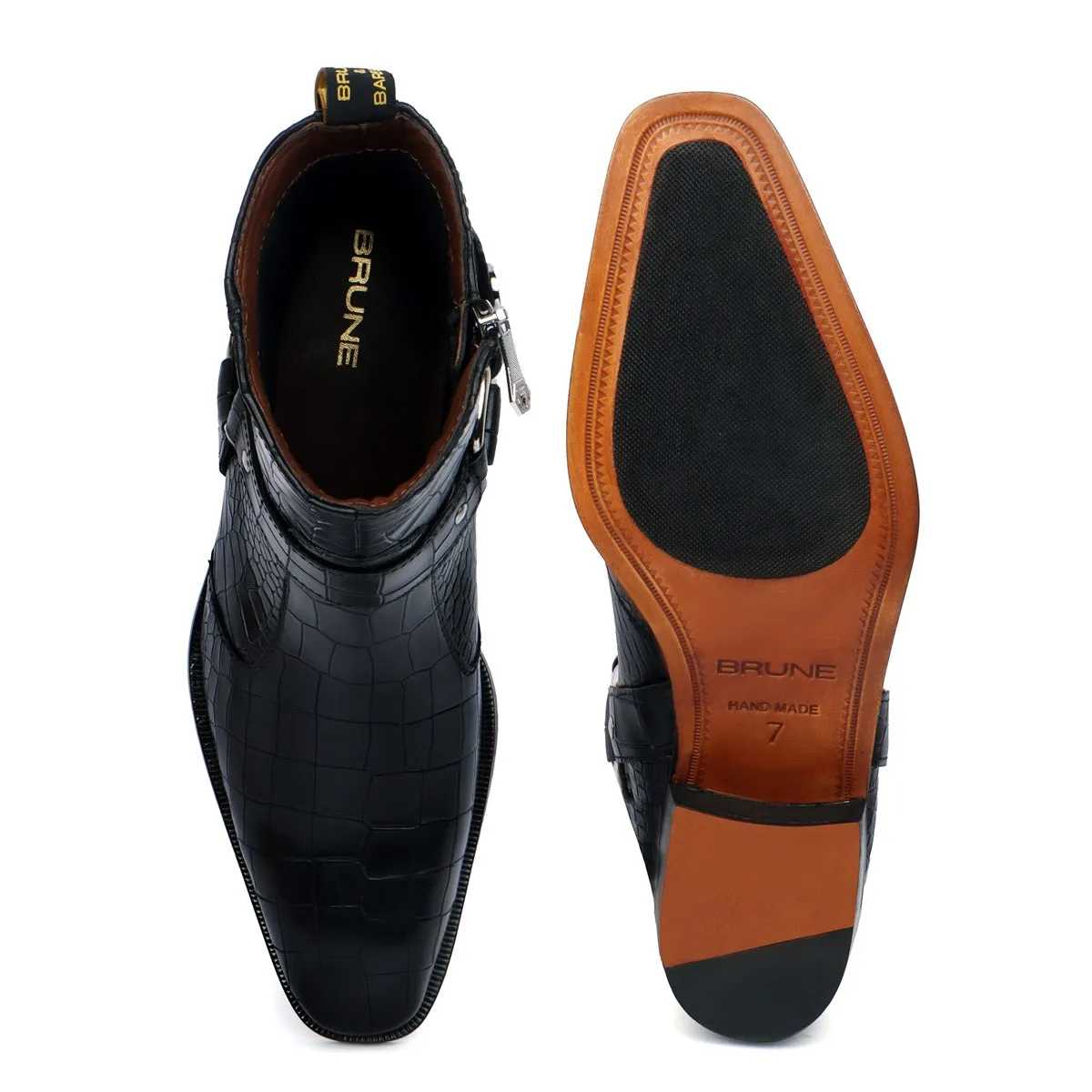 Black Cuban Heel Boots with Stylish Buckle Strap in Cut Croco Textured Leather
