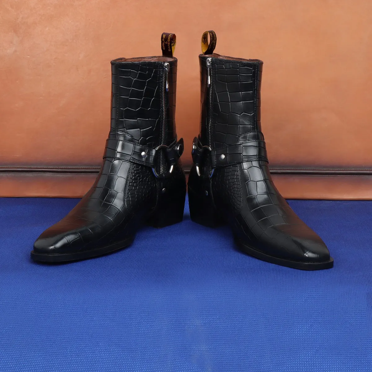 Black Cuban Heel Boots with Stylish Buckle Strap in Cut Croco Textured Leather