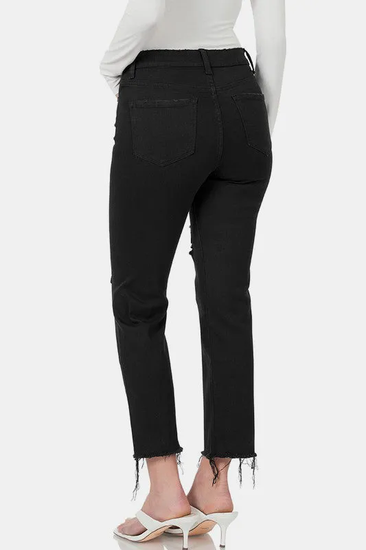 Black Distressed Raw Hem Cropped Jeans