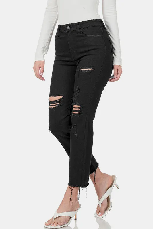 Black Distressed Raw Hem Cropped Jeans
