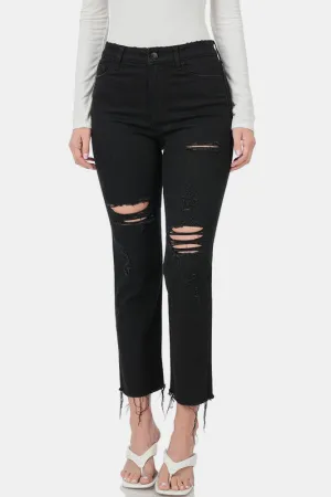 Black Distressed Raw Hem Cropped Jeans