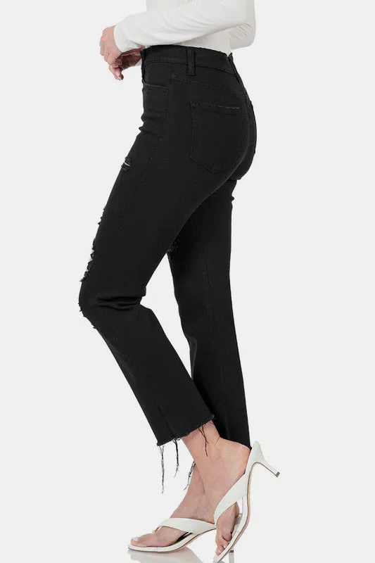 Black Distressed Raw Hem Cropped Jeans