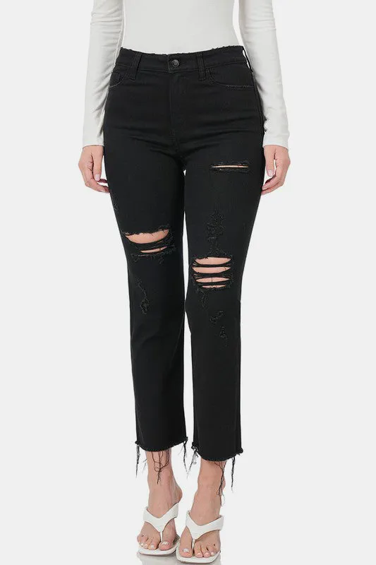Black Distressed Raw Hem Cropped Jeans