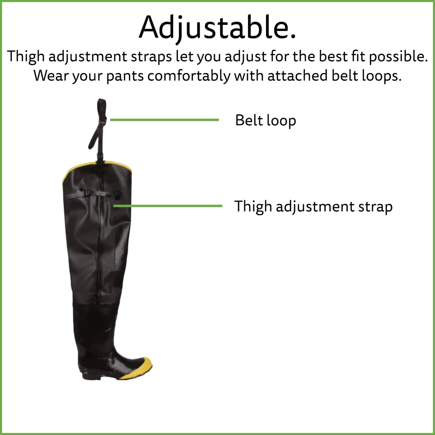 Black Hip Boots with Adjustable Straps, Steel Toe & Shank, Cotton Lined, 36-Inch Length