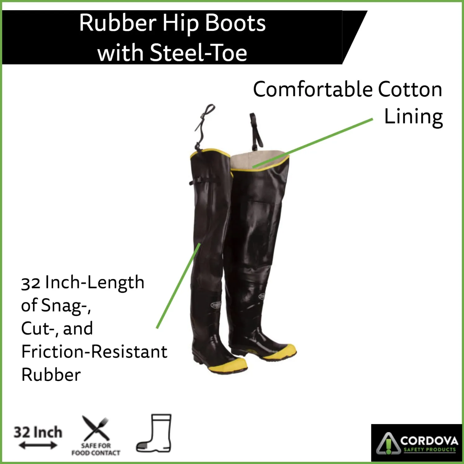 Black Hip Boots with Adjustable Straps, Steel Toe & Shank, Cotton Lined, 36-Inch Length