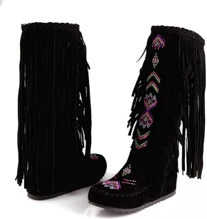 BORAMAX Women's Fringe Western Boots, Suede Embroidered Closure Fringe Mid Calf Knee High Flat Boots Long Snow Tassel Boots