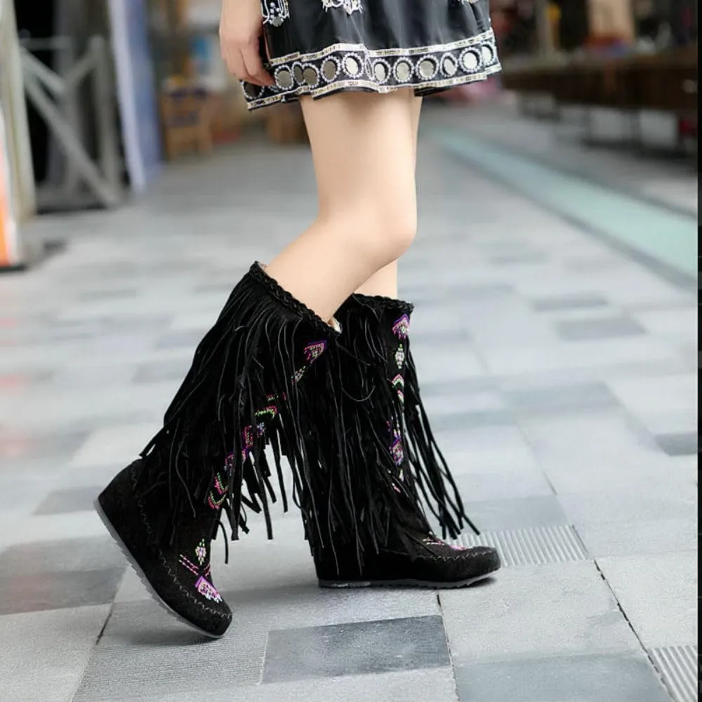 BORAMAX Women's Fringe Western Boots, Suede Embroidered Closure Fringe Mid Calf Knee High Flat Boots Long Snow Tassel Boots