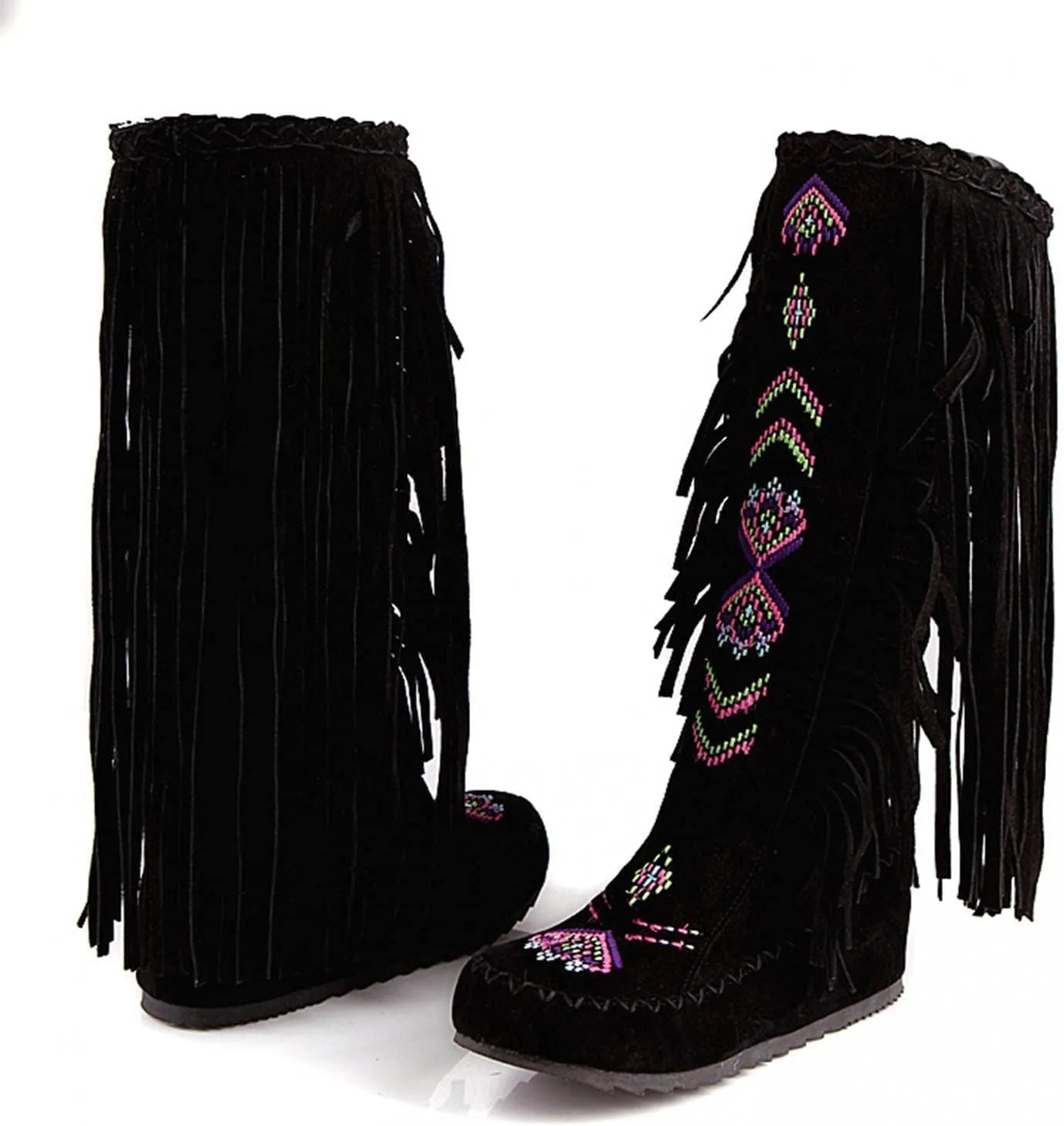 BORAMAX Women's Fringe Western Boots, Suede Embroidered Closure Fringe Mid Calf Knee High Flat Boots Long Snow Tassel Boots