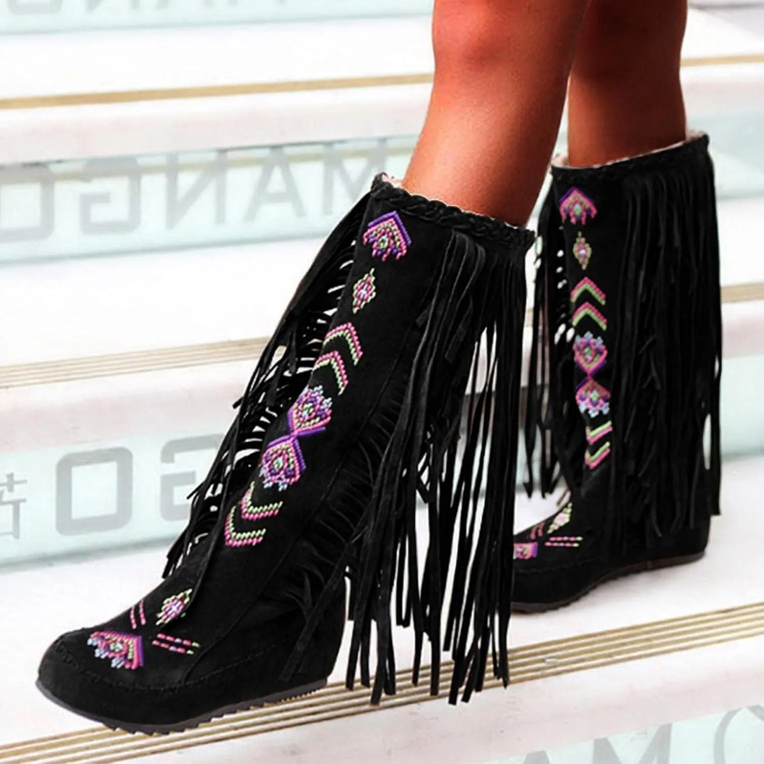 BORAMAX Women's Fringe Western Boots, Suede Embroidered Closure Fringe Mid Calf Knee High Flat Boots Long Snow Tassel Boots