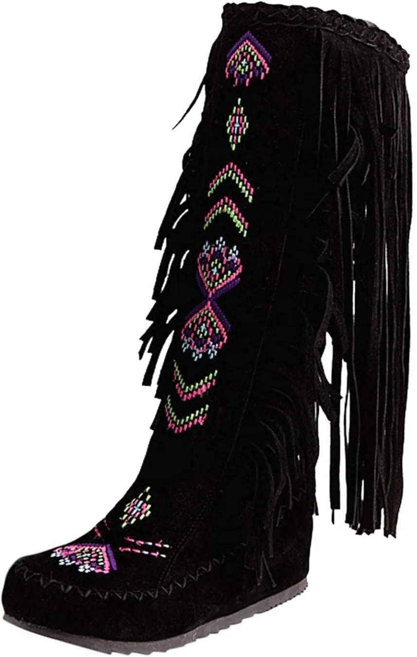 BORAMAX Women's Fringe Western Boots, Suede Embroidered Closure Fringe Mid Calf Knee High Flat Boots Long Snow Tassel Boots