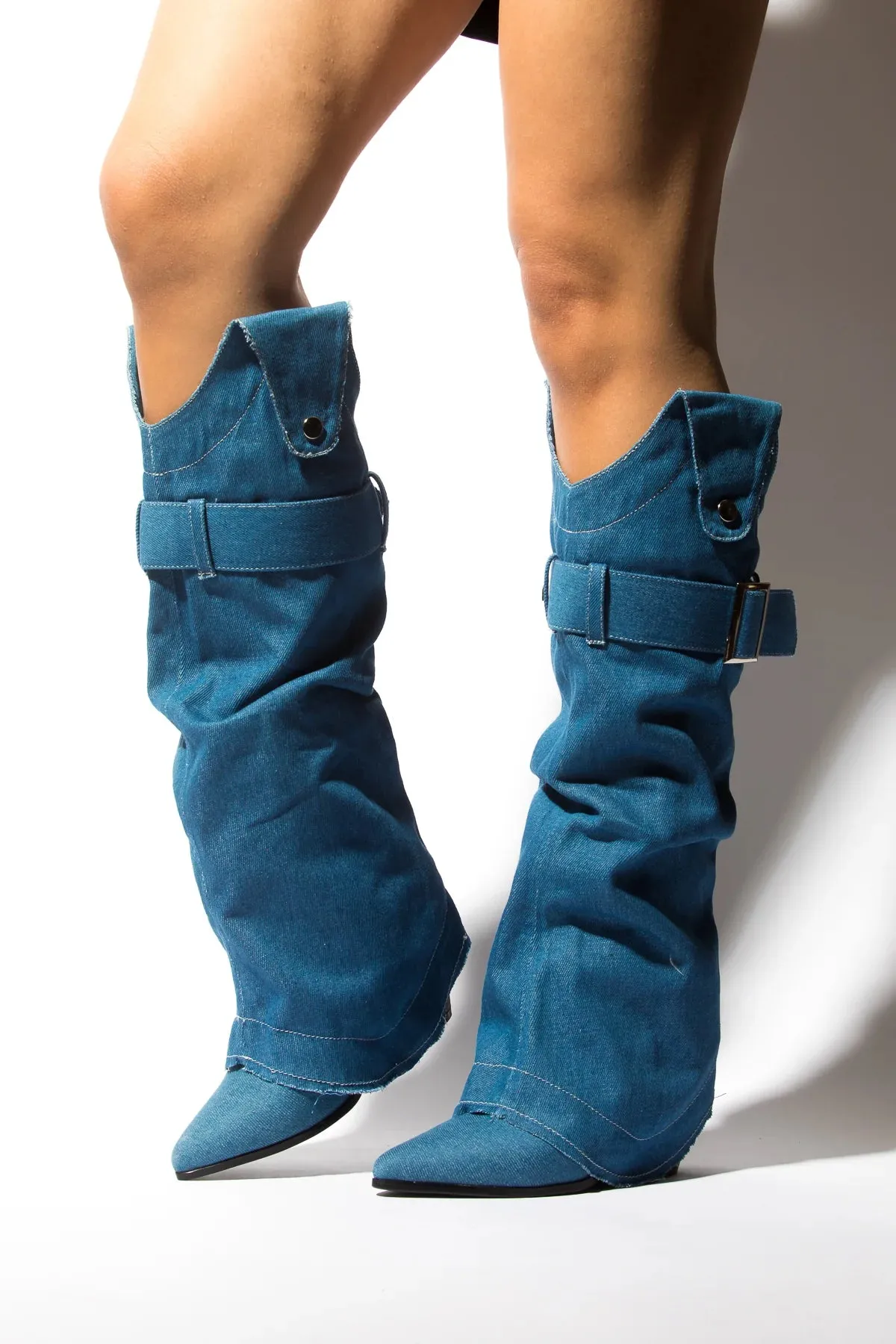 BREAK HEARTS DENIM TWO PIECE COWBOY BOOT W/ REMOVABLE OVERLAP