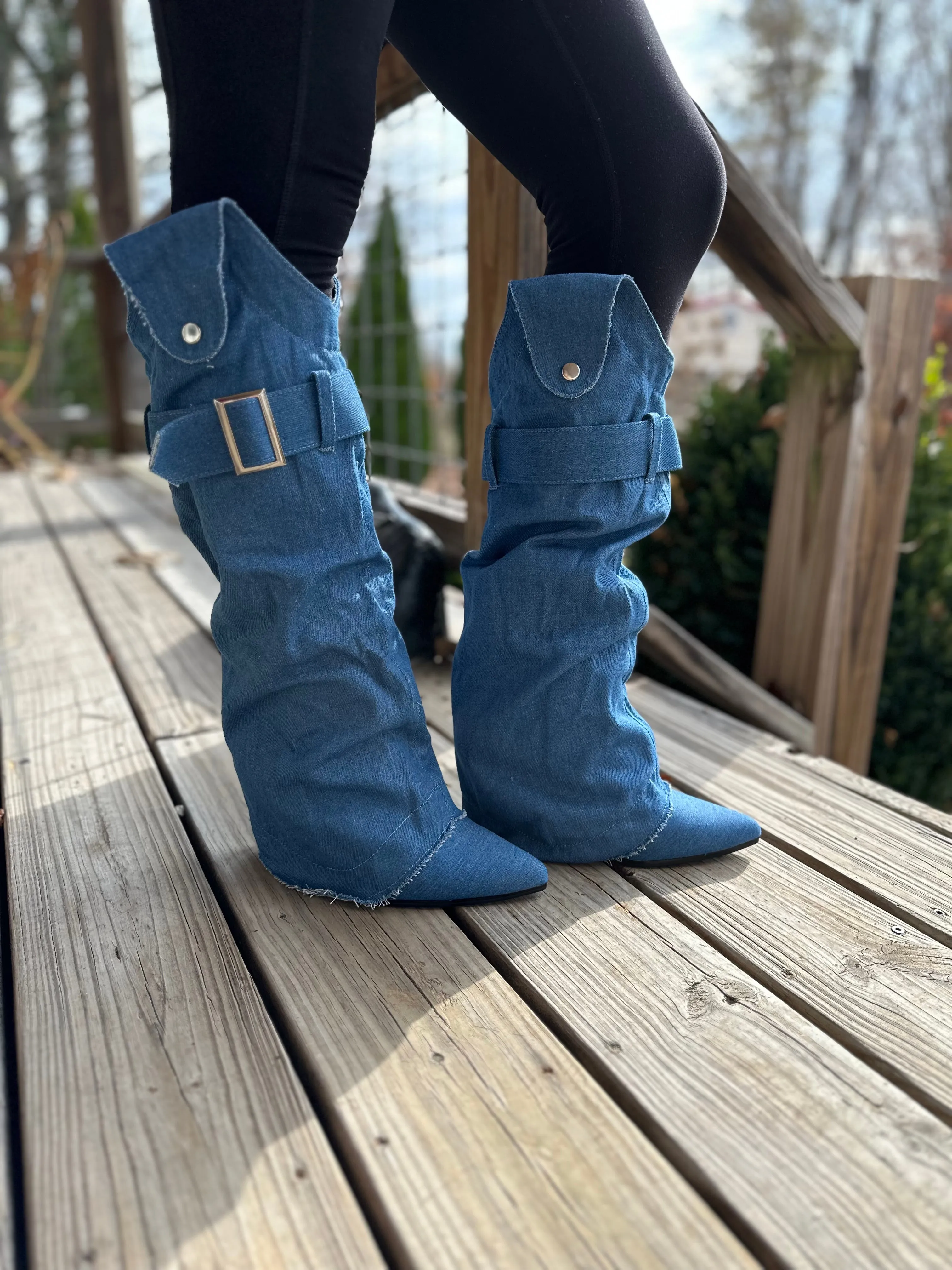 BREAK HEARTS DENIM TWO PIECE COWBOY BOOT W/ REMOVABLE OVERLAP