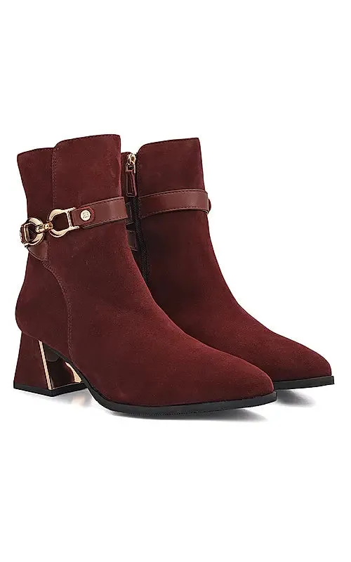 Burgundy Suede Leather Ankle Boots