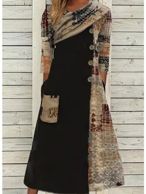 Casual Dress Midi Dress Black 3/4 Length Sleeve Color Block Patchwork Winter Fall Spring Crew Neck Classic Weekend  S M L XL 2XL 3XL for Women