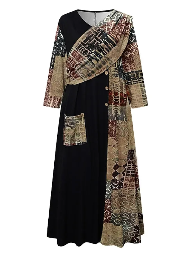 Casual Dress Midi Dress Black 3/4 Length Sleeve Color Block Patchwork Winter Fall Spring Crew Neck Classic Weekend  S M L XL 2XL 3XL for Women