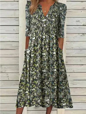 Casual Dress Midi Dress Green Half Sleeve Floral Ruched Summer Spring Fall V Neck Casual Weekend  S M L XL XXL 3XL for Women