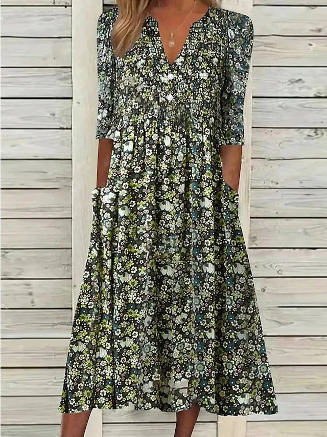 Casual Dress Midi Dress Green Half Sleeve Floral Ruched Summer Spring Fall V Neck Casual Weekend  S M L XL XXL 3XL for Women