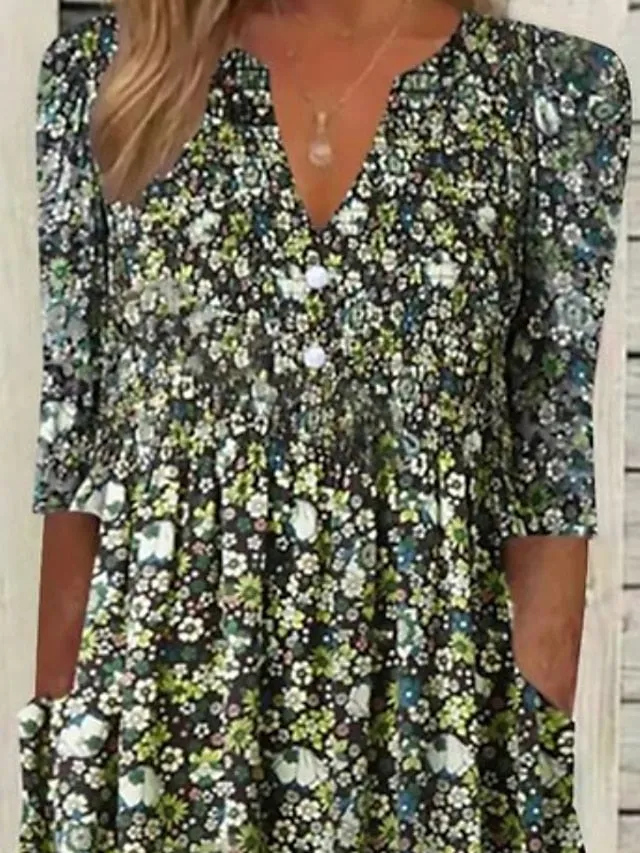 Casual Dress Midi Dress Green Half Sleeve Floral Ruched Summer Spring Fall V Neck Casual Weekend  S M L XL XXL 3XL for Women