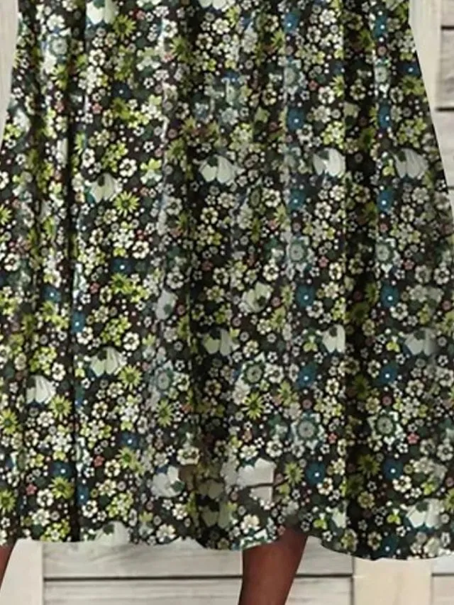 Casual Dress Midi Dress Green Half Sleeve Floral Ruched Summer Spring Fall V Neck Casual Weekend  S M L XL XXL 3XL for Women