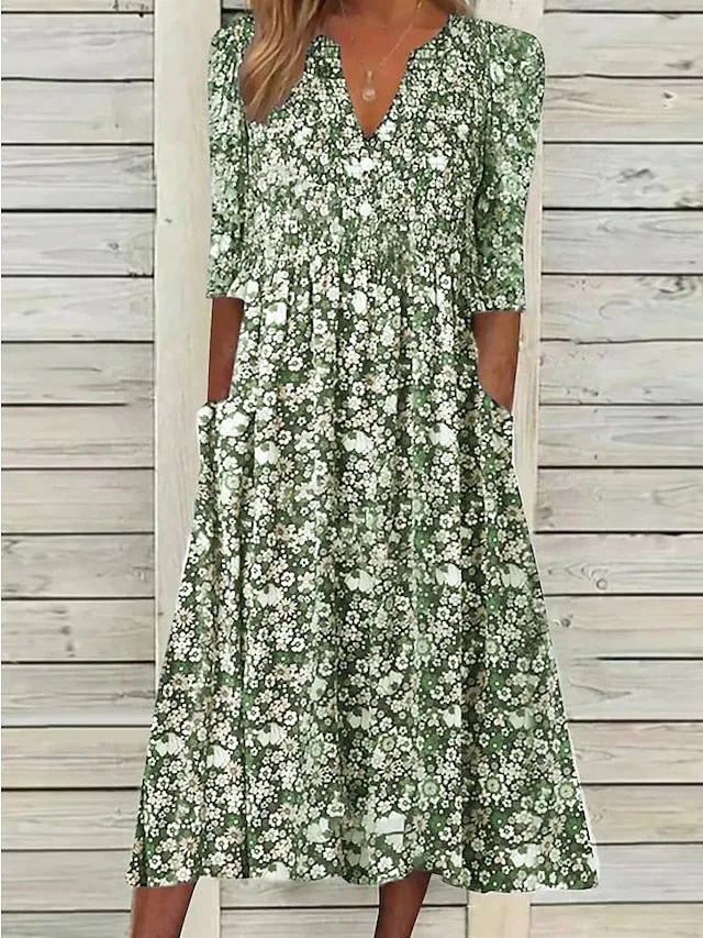 Casual Dress Midi Dress Green Half Sleeve Floral Ruched Summer Spring Fall V Neck Casual Weekend  S M L XL XXL 3XL for Women