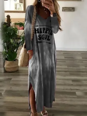 Casual Dress Shift Dress Print Dress Long Dress Maxi Dress Gray Long Sleeve Letter Ruched Spring Fall Winter V Neck Elegant Winter Dress Fall Dress  S M L XL XXL 3XL for Women