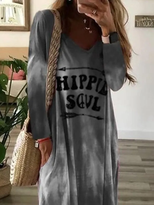 Casual Dress Shift Dress Print Dress Long Dress Maxi Dress Gray Long Sleeve Letter Ruched Spring Fall Winter V Neck Elegant Winter Dress Fall Dress  S M L XL XXL 3XL for Women