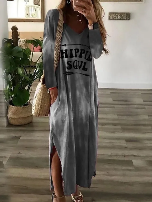 Casual Dress Shift Dress Print Dress Long Dress Maxi Dress Gray Long Sleeve Letter Ruched Spring Fall Winter V Neck Elegant Winter Dress Fall Dress  S M L XL XXL 3XL for Women
