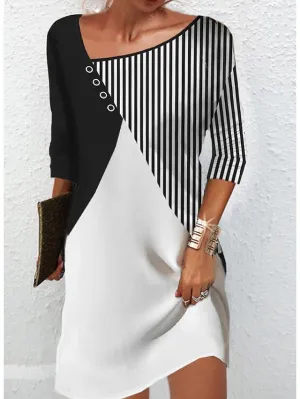 Casual Dress Work Dress Shift Dress Midi Dress White 3/4 Length Sleeve Color Block Patchwork Summer Spring V Neck Fashion Winter Dress Office Fall Dress  S M L XL 2XL 3XL for Women