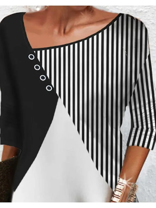 Casual Dress Work Dress Shift Dress Midi Dress White 3/4 Length Sleeve Color Block Patchwork Summer Spring V Neck Fashion Winter Dress Office Fall Dress  S M L XL 2XL 3XL for Women