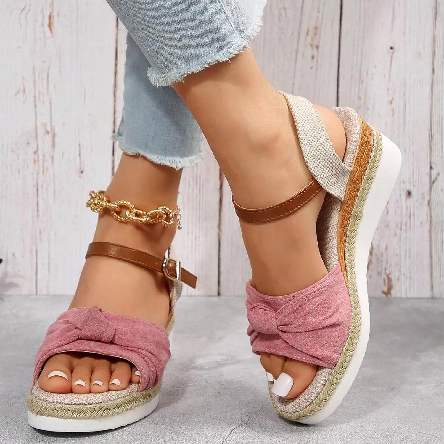 Cathalem Summer Sandals for Women 2024 Espadrilles for Women Open Toe Ankle Strap Wedge Heels Sandals Comfortable Slip on Sandals
