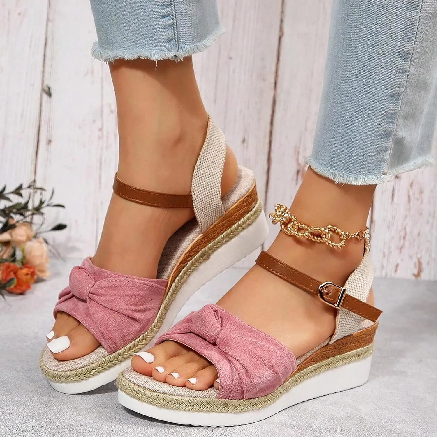Cathalem Summer Sandals for Women 2024 Espadrilles for Women Open Toe Ankle Strap Wedge Heels Sandals Comfortable Slip on Sandals